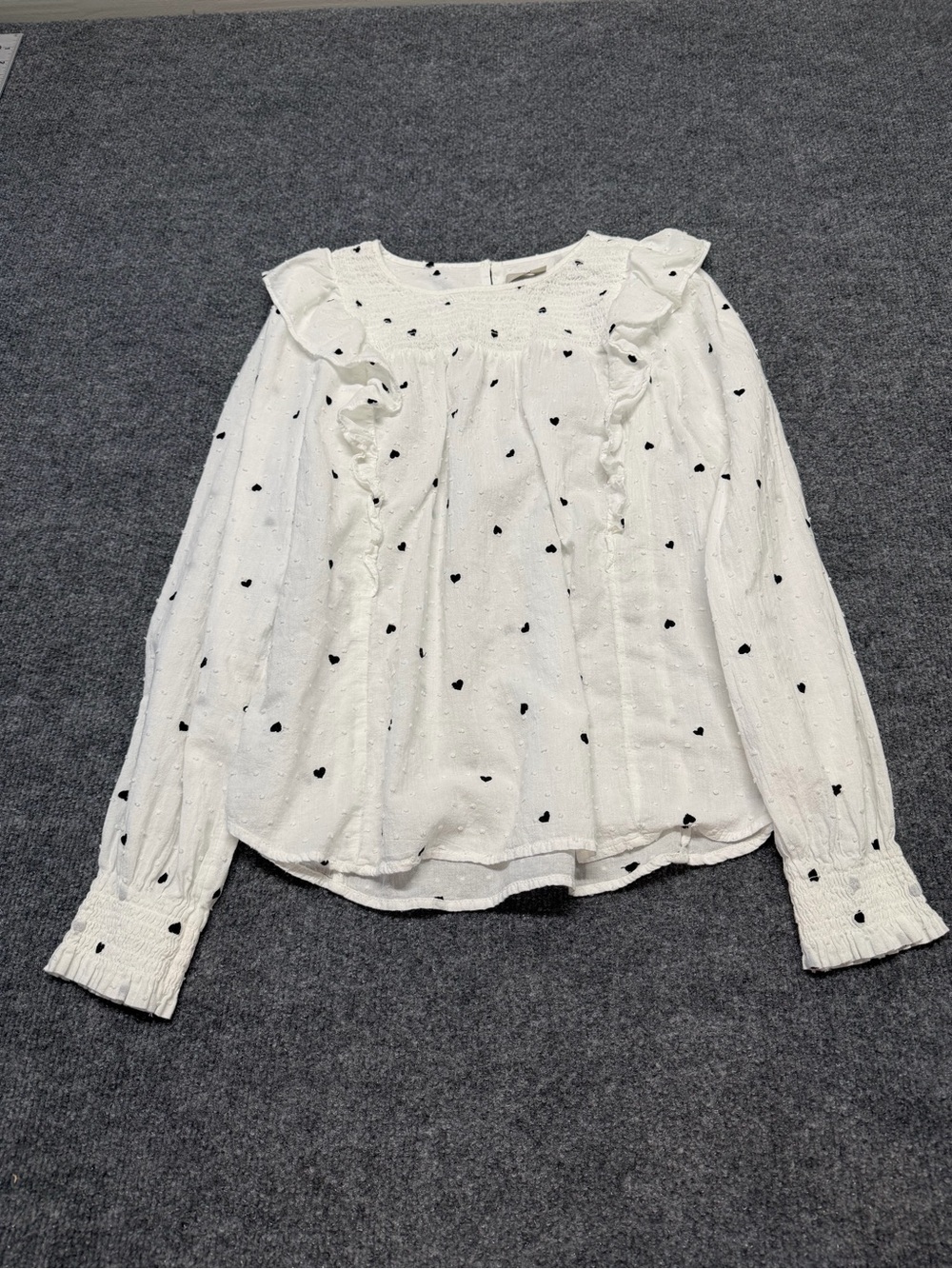 LOFT White Long-Sleeve Ruffle Blouse with Black Heart Print